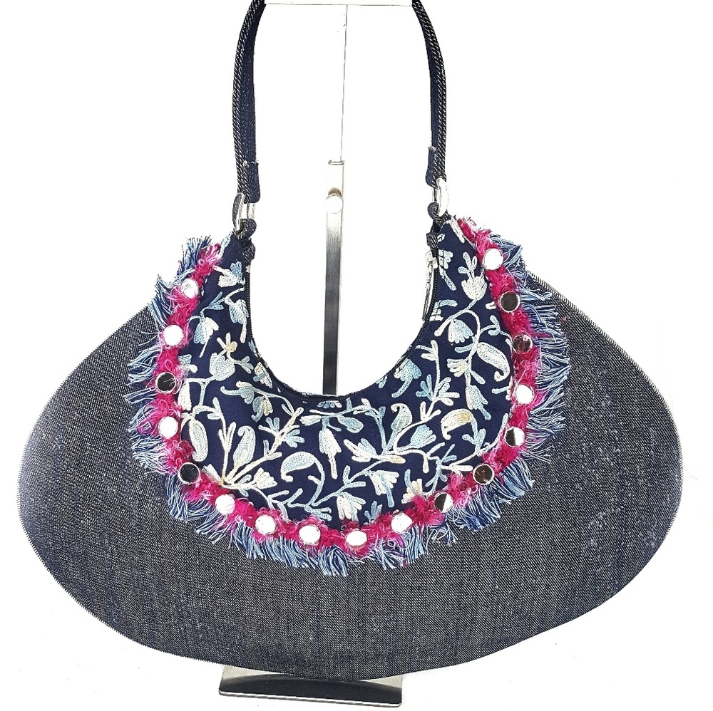 Boho Denim Embroidered Fringe Hobo Purse Bag
